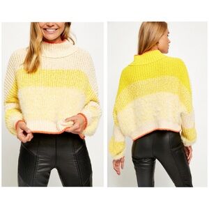 Free People Sunbrite Sweater Striped Yellow & Cream  Cropped Oversized Medium